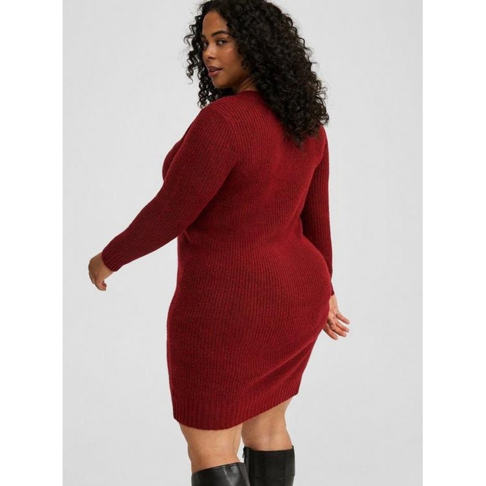 Torrid Vegan Cashmere Sweater Mini‎ Dress Rhubarb Red V-Neck Ribbed Knit 2 - Picture 4 of 16
